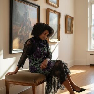 Funky Black Lace Midi Dress with Purple & Green Floral Overlay  OR TRAD2 0326